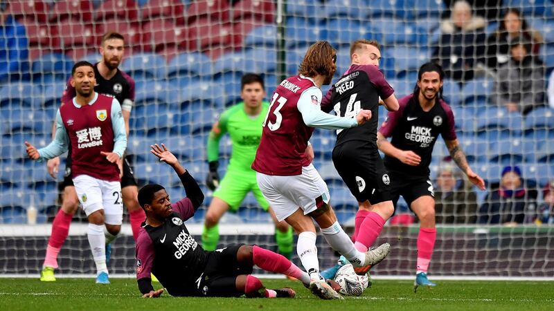 Jeff Hendrick scores Burnley’s third against Peterborough. Photograph: Anthony Devlin/PA