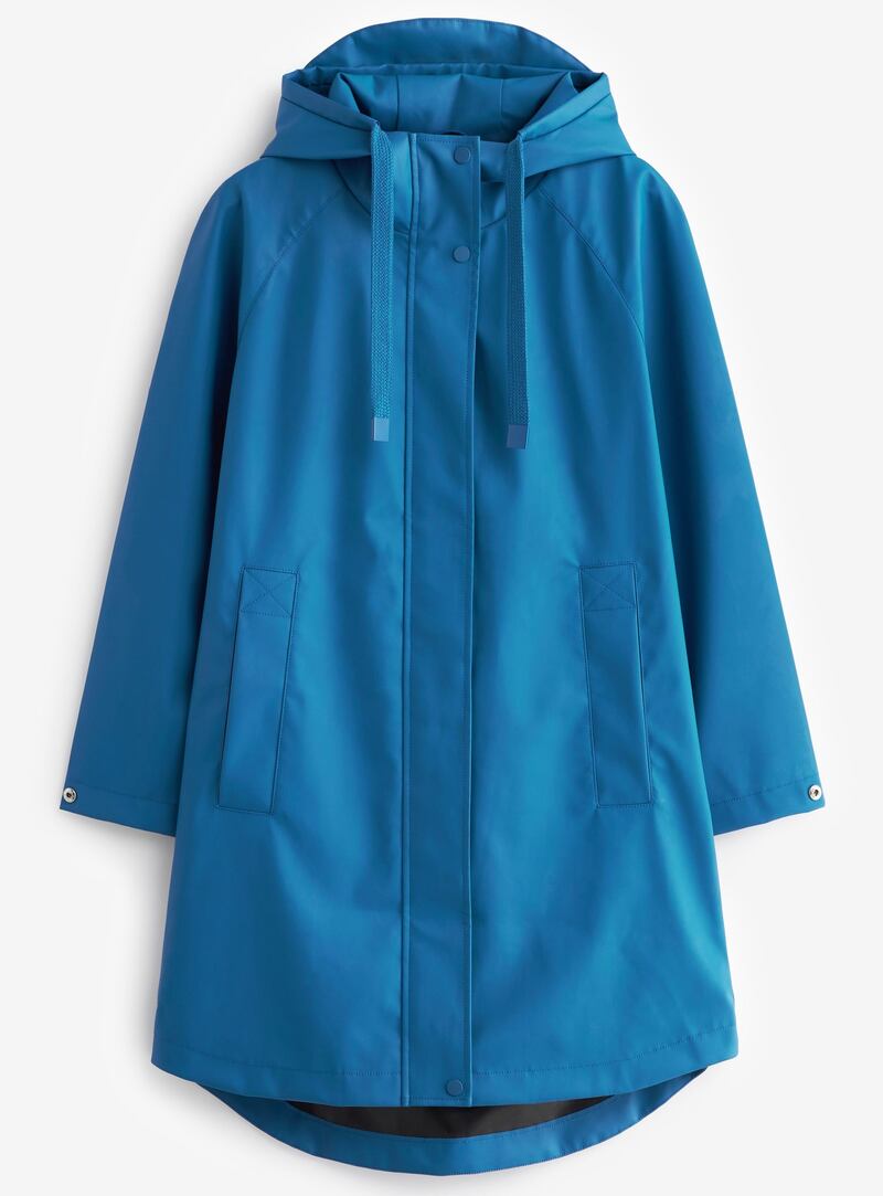 Blue rubber showerproof rain jacket, €90 from Next