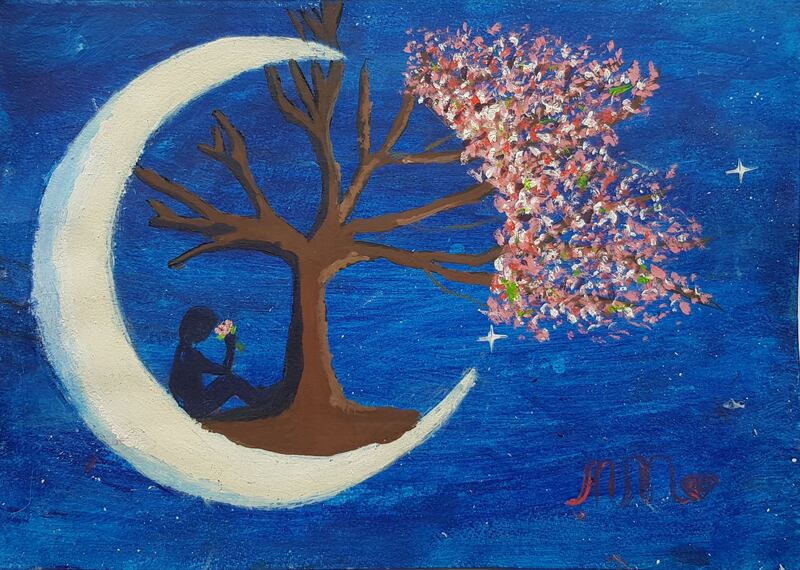 Maggie Morrison, aged 12.
'My picture is of a tree on the moon.  The part of the tree that is inside the moon is lifeless because people have taken all the flowers.  The part that is outside is alive and blooming because it has not been harmed. Since we have been in lockdown, humans have not been able to damage the environment and nature is thriving. If we leave nature alone it heals itself.'