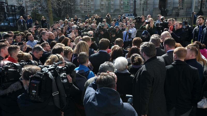 Paddy Jackson faces the assembled media outside court in Belfast on Wednesday.