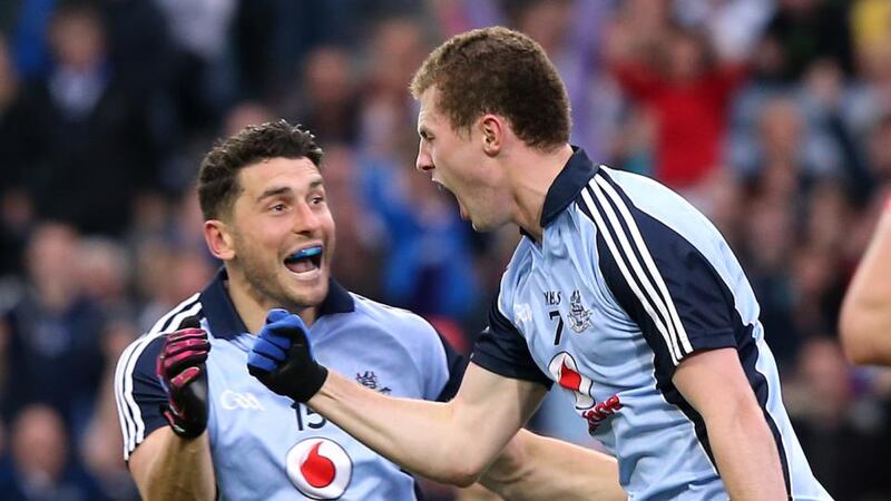 Dublin’s Jack McCaffrey celebrates scoring his  goal with teammate Bernard Brogan at Croke Park. Photograph: Cathal Noonan/Inpho