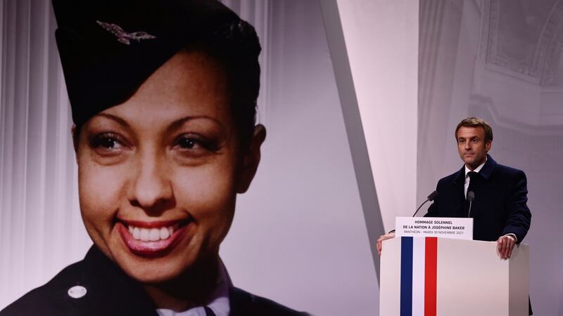 French president Emmanuel Macron delivers a speech during Tuesday’s ceremony in Paris. Photograph: Sarah Meyssonnier/Pool Photo via AP