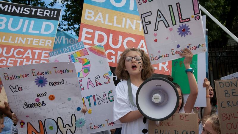 Schoolchildren from Ballinteer Educate Together during a protest at Leinster House, Dublin, over delays in providing a new school building. Photo: Gareth Chaney/Collins.