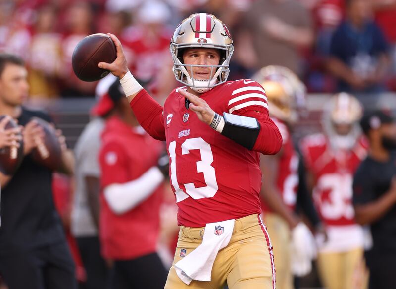 Brock Purdy of the San Francisco 49ers warms up before a game against the Dallas Cowboys at Levi's Stadium in Santa Clara, California. Photograph: Ezra Shaw/Getty Images