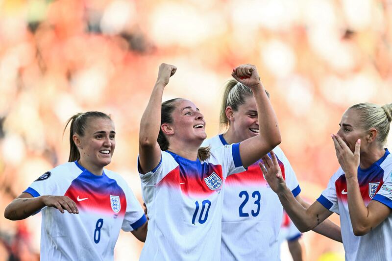 Ella Toone (10) celebrates scoring England's fourth goal. Photograph: Fabrice Coffrini/AFP via Getty Images