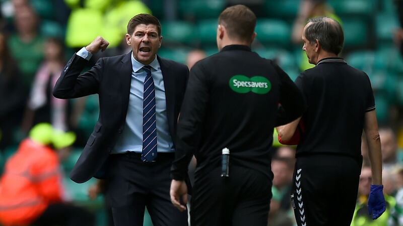 Steven Gerrard argues with officials after Celtic’s opener against Rangers. Photograph: Andy Buchanan/AFP/Getty