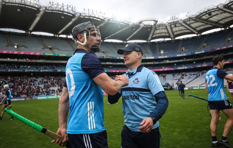 Danny Sutcliffe with manager Micheál Donoghue after Dublin's Leinster SHC win over Wexford. Photograph: Evan Treacy/Inpho
