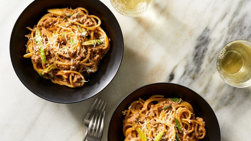 Mapo tofu spaghetti. Photograph: Christopher Simpson/The New York Times