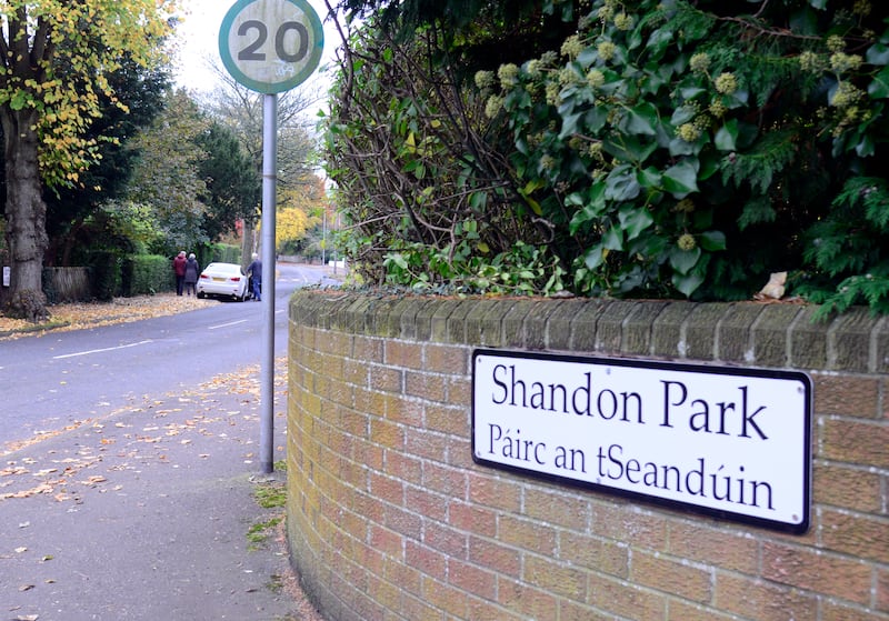 The bilingual Shannon Park sign as it was before the vandalism. Photograph: Stephen Davison/Pacemaker Press
