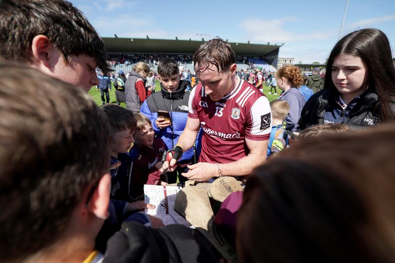 Conor Whelan signs autographs after Galway's win over Dublin at Parnell Park. Photograph: Laszlo Geczo/Inpho