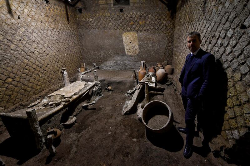 German-born archaeologist Gabriel Zuchtriegel, the new director general of the Pompeii Archaeological Park, in the newly discovered room at the villa of Civita Giuliana. Photograph: Ciro Fusco/EPA