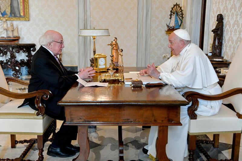 2023. President Michael D. Higgins during his  Audience with His Holiness Pope Francis in the Pontiff's Library in the Vatican. Photograph: Maxwells