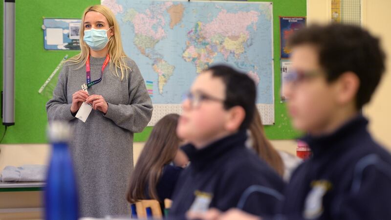 Teaching sixth class at St Audoen’s National School. Photograph: Dara Mac Dónaill