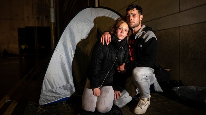 Ciara Fennell and Shane Linnie outside their tent in Dublin city centre. “It’s like the Government just don’t care. I’m just sick of being invisible to everybody,” says Ciara. Photograph:  Damien Eagers