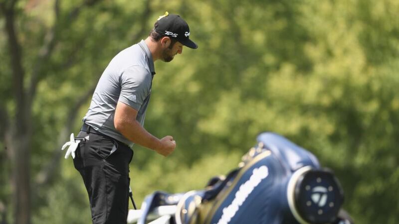 Rahm of Spain reacts after saving a par on the eighth. Photo: Jamie Squire/Getty Images