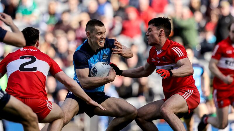 Dublin's Con O’Callaghan comes up against Conor McCluskey of Derry. Photograph: Ben Brady/Inpho 