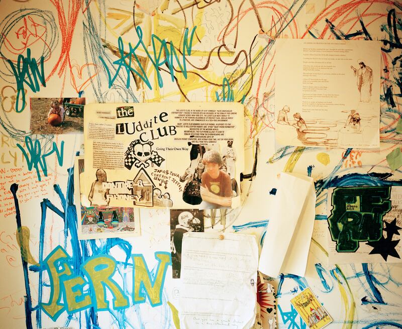 A poster for the Luddite Club, featuring the it's slogan 'Don’t be a phoney, in Logan Lane's room. Photograph: Scott Rossi/The New York Times