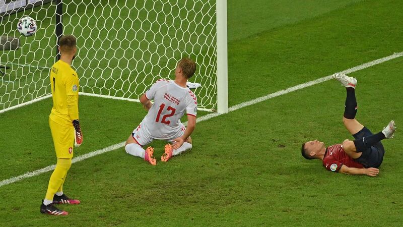 Kasper Dolberg celebrates after doubling Denmark’s lead against the Czechs. Photograph: Dan Mullan/Getty/AFP