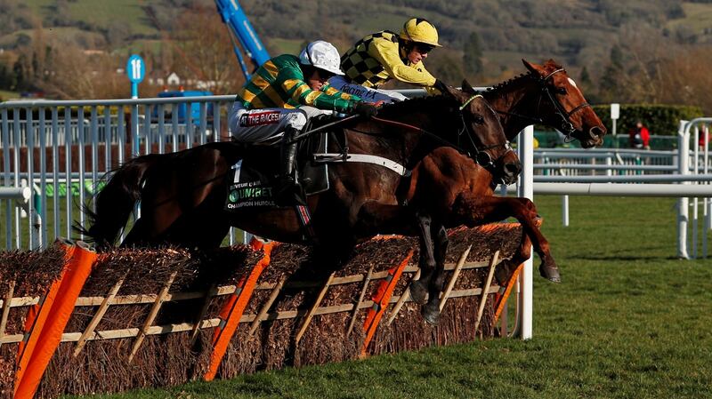 Buveur D’Air ridden by Barry Geraghty (left) in full flight at last year’s Cheltenham Festival. Photograph: Andrew Boyers/Reuters