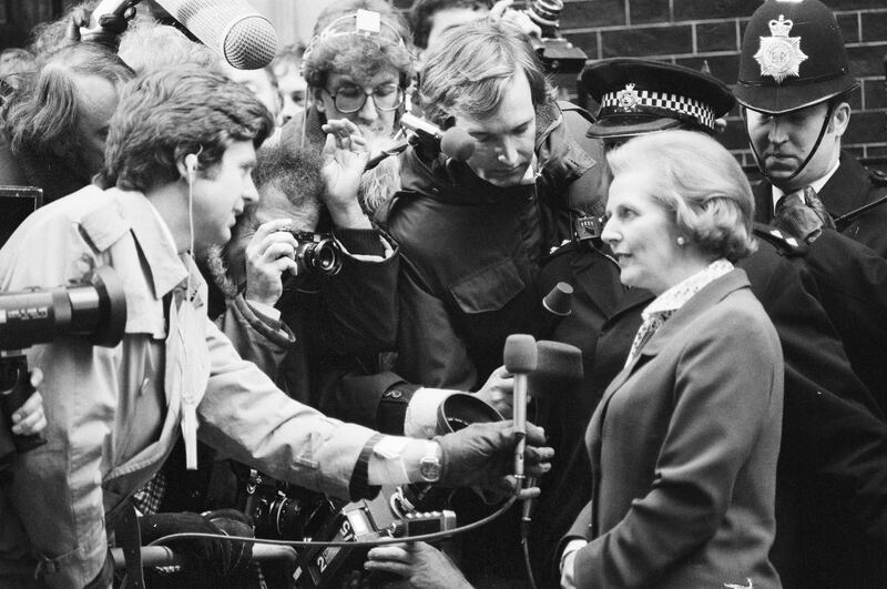 Margaret Thatcher talks to journalists - including Jon Snow (immediately to the left of her) - after her historic election victory in 1979. Photograph: MacDonald and Ley and Foster/Mirrorpix/Getty Images