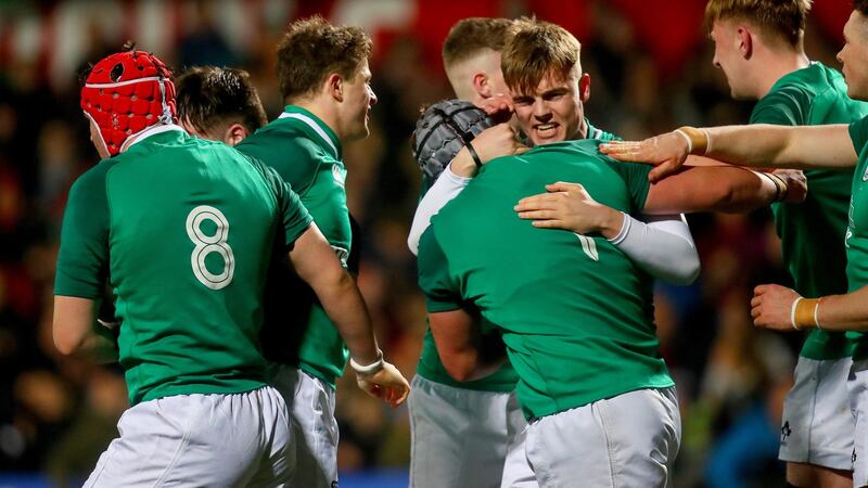Jake Flannery celebrates with Josh Wycherley after one of his two tries against France. Photograph: Oisin Keniry/Inpho