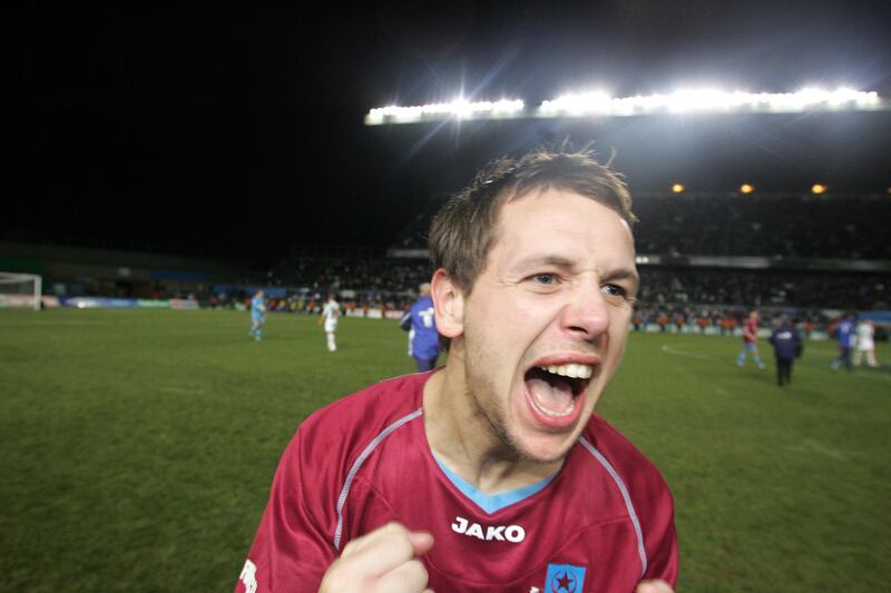 Declan O'Brien of Drogheda United celebrates after the game. Photograph: Andrew Paton/INPHO