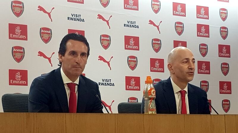 Arsenal’s new manager Unai Emery and the club’s chief executive, Ivan Gazidis, at the Emirates Stadium: “Unai has an energy. All of our players will respond to the new energy that Unai brings.”  Photograph: Mark Mann-Bryans/PA Wire