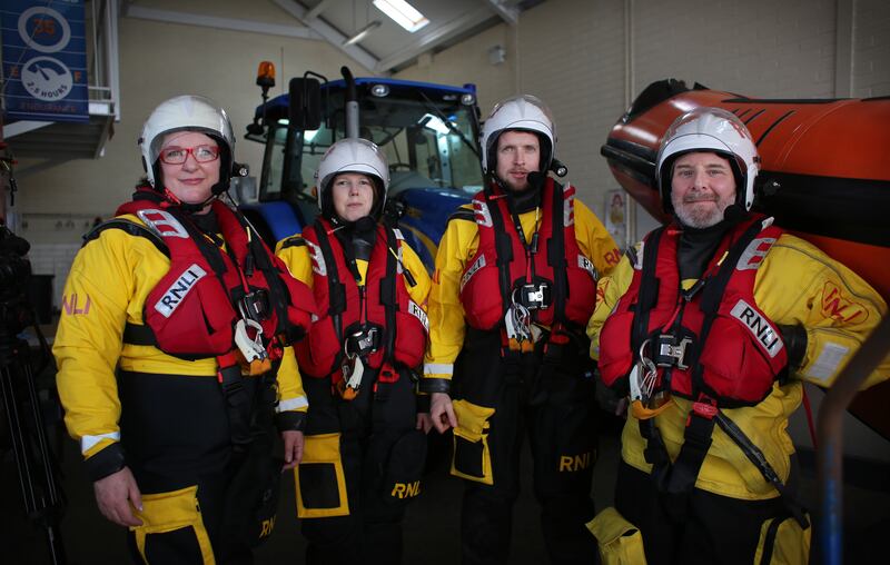 Eithne (left) of Sligo Bay RNLI pictured with colleagues Aisling Murphy, Keith Collery and Brian Gallagher at the RNLI station Rosses Point, Sligo. Photograph: Bryan O Brien 