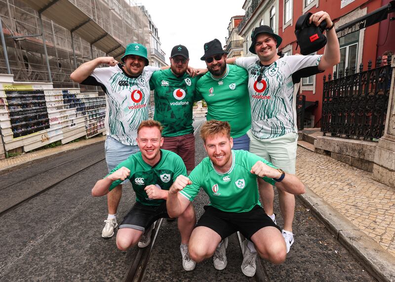 Ireland Fans Daniel Walsh, James Vance, Michael Moore, Gavin Horan, Hugo Walsh and Alan Horgan in Lisbon before the game.  Photograph: Ben Brady/Inpho