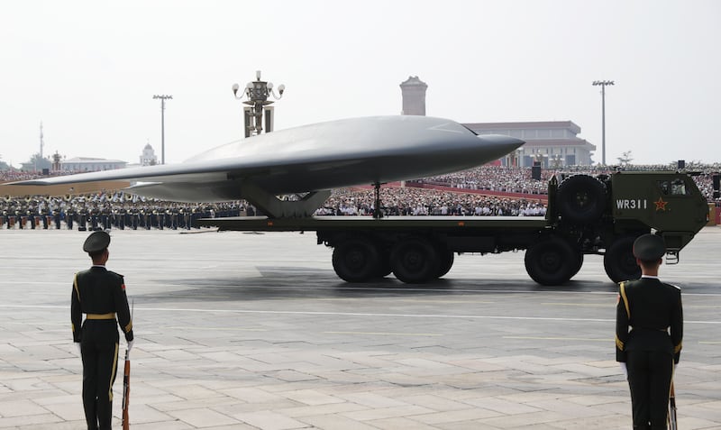 Armoured vehicles carrying unmanned aircraft. Photograph: EPA