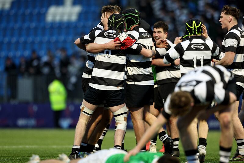 Roscrea players celebrate after the game. Photograph: Andrew Conan/Inpho