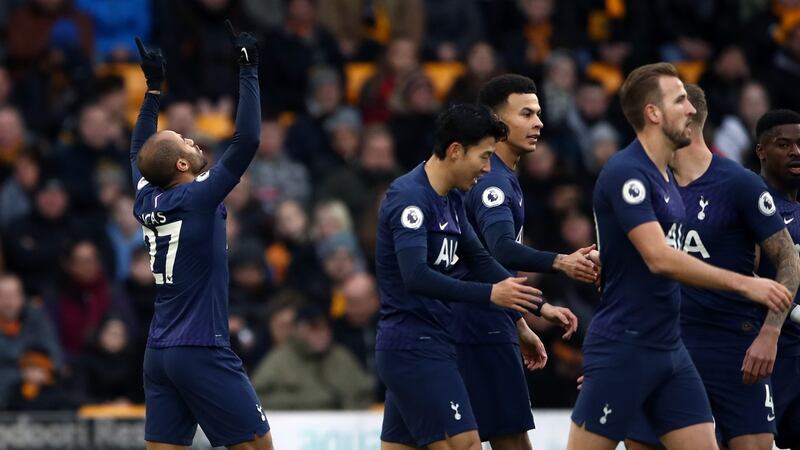 Lucas Moura celebrates opening the scoring for Spurs against Wolves. Photograph: Tim Goode/PA