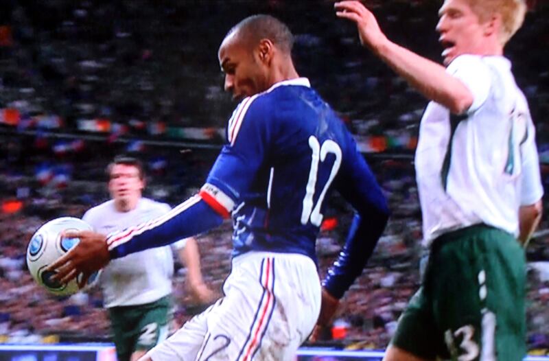 Thierry Henry's handball that led to France's goal against Ireland  in the 2010 World Cup qualifying playoff. Screengrab: Sky Sports