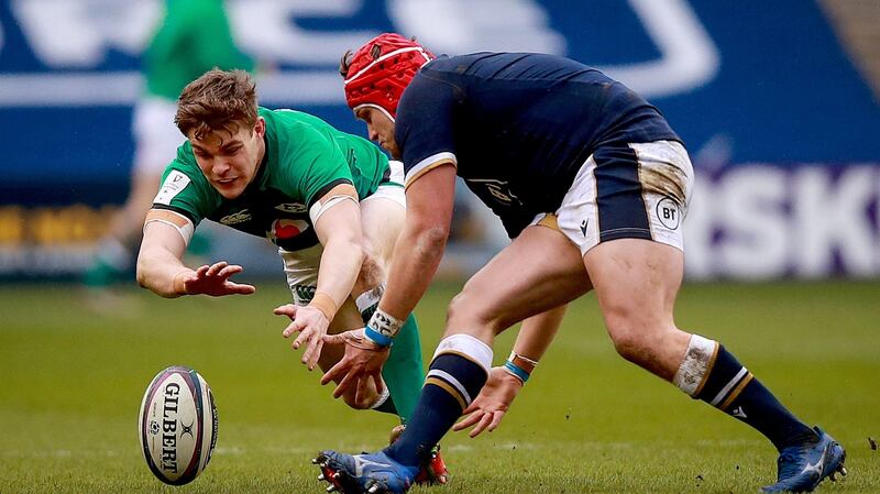 Garry Ringrose challenges for the ball with Scotland’s George Turner during the Six Nations game against Scotland at Murrayfield back in March. Photograph: Tommy Dickson/Inpho