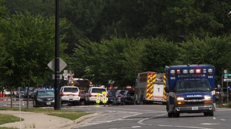 Emergency vehicles near the site of a shooting at the Virginia Beach Municipal Centre. Police requested that people avoid the area. Photograph: Kaitlin McKeown/AP