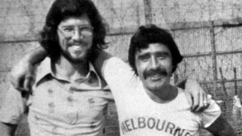 Gerry Adams and Brendan ‘The Dark’ Hughes in Long Kesh prison. Photograph: Alan Lewis/PhotopressBelfast.co.uk