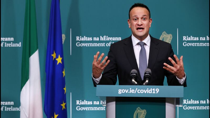 Taoiseach Leo Varadkar addressing media at a Covid-19 press briefing at Government Buildings in Dublin. Photograph: Steve Humphreys/PA Wire