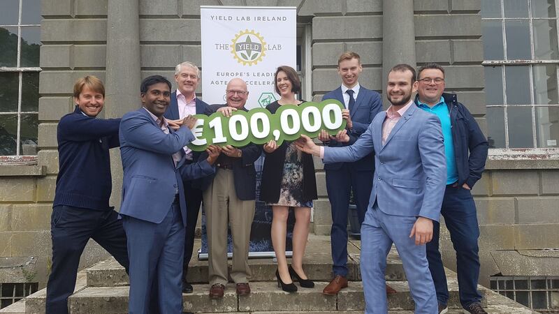 From left: Andrew Diprose, CEO of Rootwave; Simon Porphy, CEO of Microsynbiotix; Paul Finnerty, chairman at the Yield Lab Europe; Brian Clevinger, general partner at the Yield Lab Europe, Nicky Deasy, head of operations at the Yield Lab Europe; Alvan Hunt, CEO of Hexafly, John Lynam; CTO of Hexafly; Andrew Wood, chairman of Apis Protect.