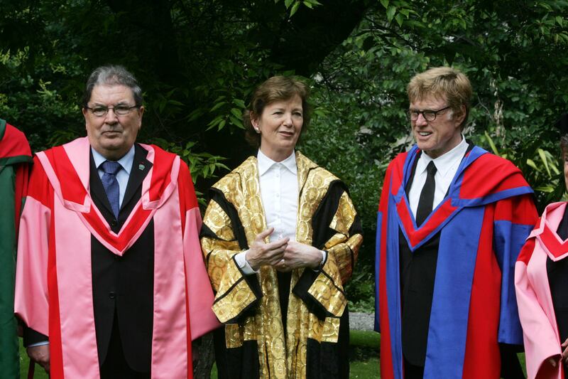 Former president Mary Robinson, Chancellor, with John Hume and Robert Redford in Trinity College Dublin. Photograph: Cyril Byrne/The Irish Times