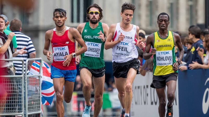 Ireland’s Mick Clohissey in action during the marathon at the World Athletics Championships in London. Photograph: Morgan Treacy/Inpho
