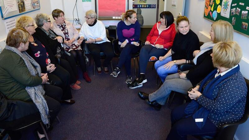 Shankill Women’s Centre: Theresa Hughes, Christine Bradley, Christine Conlon, Roselyn Tolan, Eileen Weir, Claire Dummigan, Donna Quinn, Claire McLaughlin, Loreen Verner and Lillian Stewart, who  belong to the cross-community group. Photograph: Arthur Allison/Pacemaker