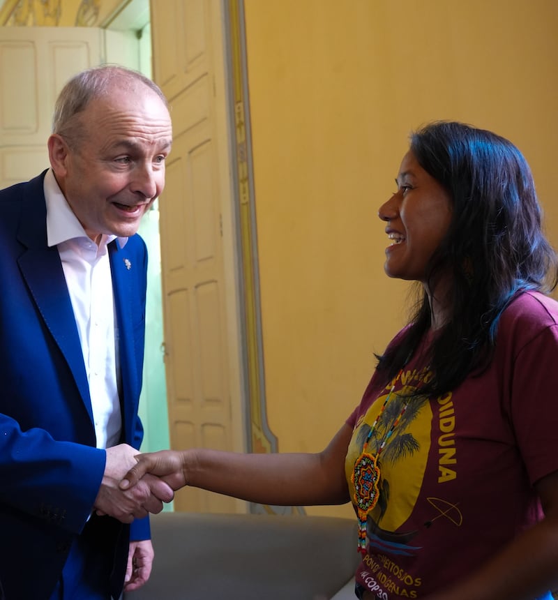 The Taoiseach and Gardenia Cooper, a member of the Warao indigenous people, who live along the rivers of Venezuela’s rainforests. Photograph: Caroline O'Doherty