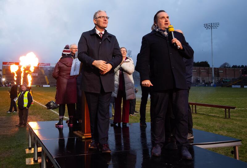 Uachtarán CLG Jarlath Burns watches as floodlights are turned on to a fireworks display at Pearse Stadium, Galway. Photograph: Evan Logan/Inpho