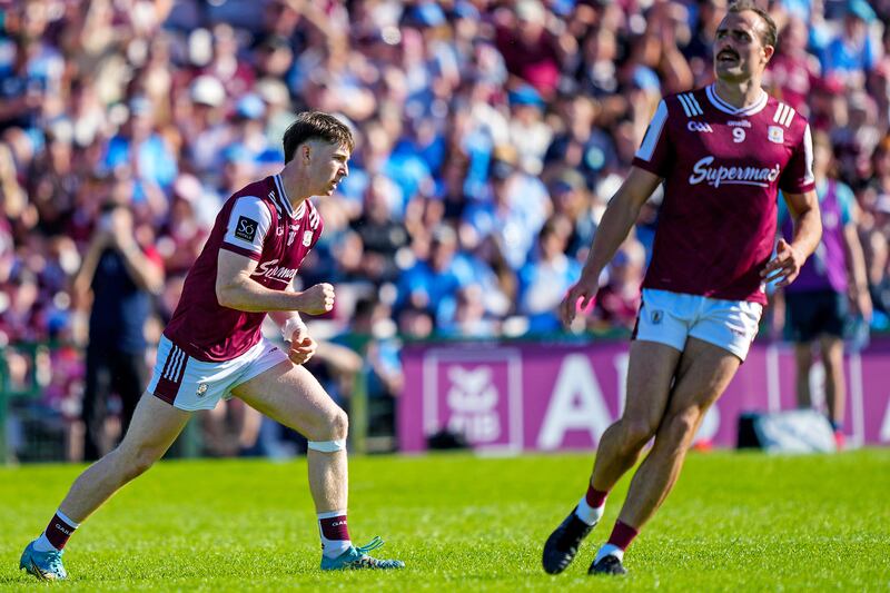 Galway's Matthew Thompson celebrates a score. Photograph: James Lawlor/Inpho