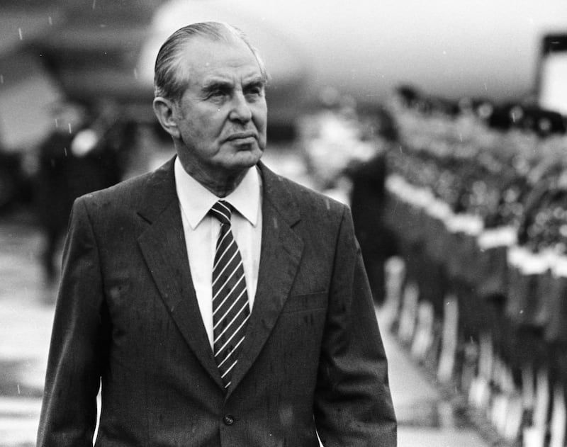 Chaim Herzog, when president of Israel, inspects a guard of honour at Dublin Airport in 1985.  His son Isaac told the European Parliament:  "He described to me the horrors that unfolded before his eyes as one of the first liberators of the death camps, including Bergen-Belsen. The human skeletons in the striped pyjamas, the hell on earth, the stench, the heart of darkness." Photograph: Pat Langan