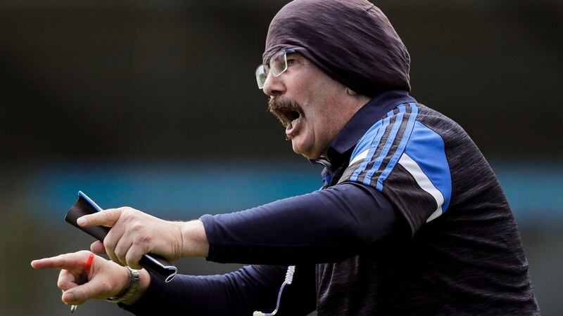 Laois manager Séamus Plunkett giving instructions late in the game at Parnell Park. Photograph: Brian Reilly-Troy/Inpho