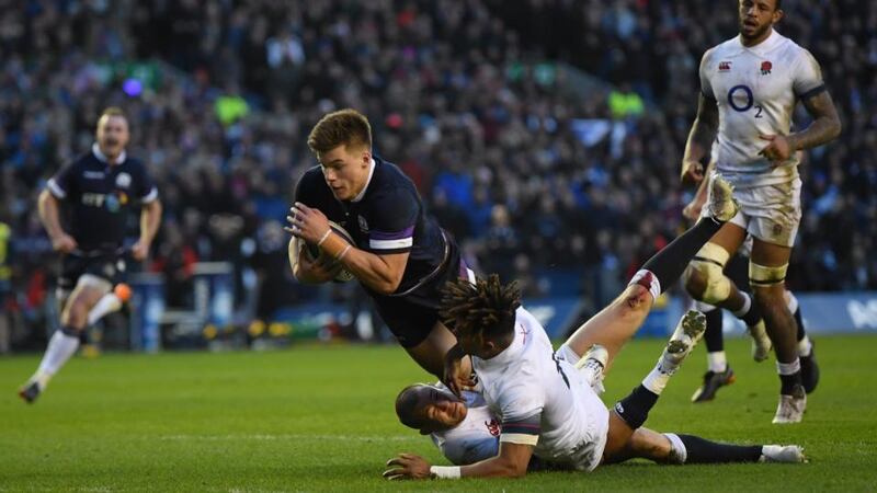 Huw Jones scores Scotland’s third try against England. Photograph: Shaun Botterill/Getty