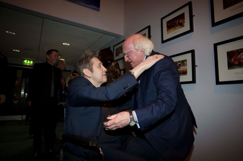 President Michael D Higgins presents a Lifetime Achievement Awards to Shane MacGowan at his 60th birthday party at the National Concert Hall, Dublin, in 2018. Photograph: Tom Honan
