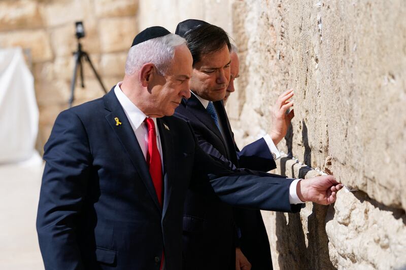 Israeli prime minister Binyamin Netanyahu and US secretary of state Marco Rubio visit the Western Wall in Jerusalem's Old City on Sunday. Photograph: Nathan Howard/Pool/AFP via Getty Images        