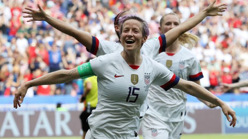 Megan Rapinoe celebrates her goal in the Women’s World Cup final. Photograph: Reuters